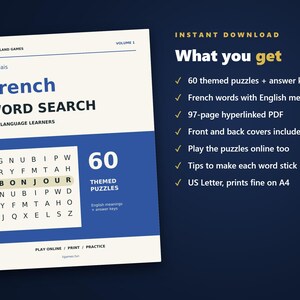 French Word Search for Language Learners, Volume 1 | 60 Printable Puzzles with English Meanings | Hyperlinked PDF image 4