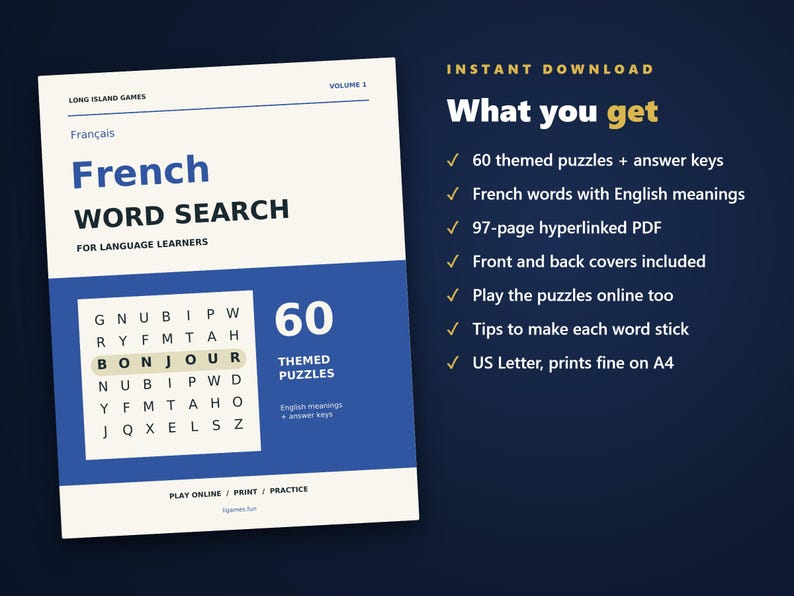 French Word Search for Language Learners, Volume 1 | 60 Printable Puzzles with English Meanings | Hyperlinked PDF image 4