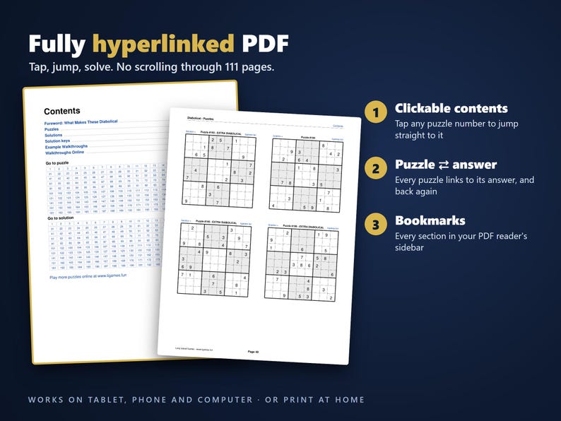Sudoku - Diabolical, Volume 1 | 200 Extremely Hard Printable Sudoku Puzzles with Answers | Hyperlinked PDF | Instant Download image 2