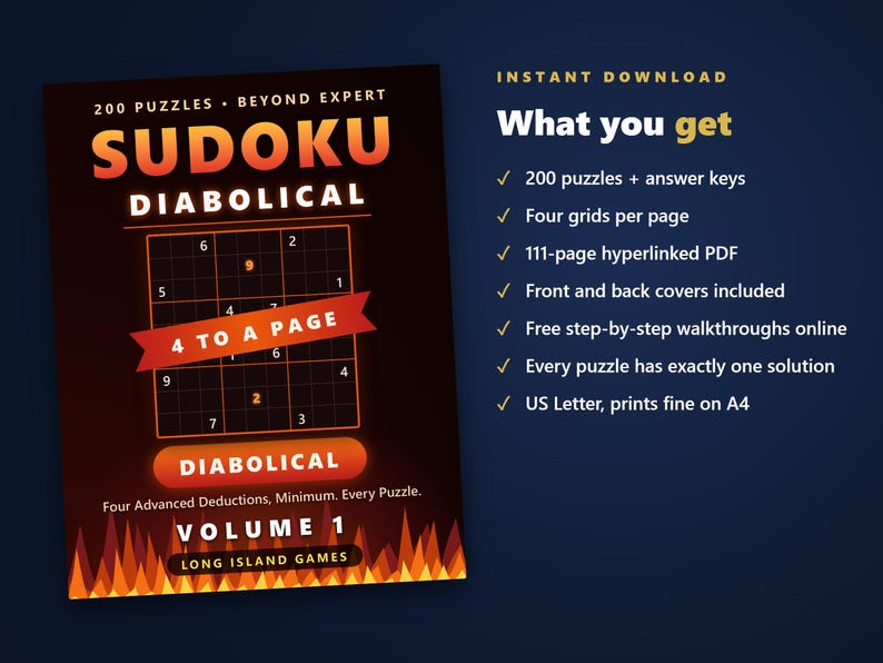Sudoku - Diabolical, Volume 1 | 200 Extremely Hard Printable Sudoku Puzzles with Answers | Hyperlinked PDF | Instant Download image 4