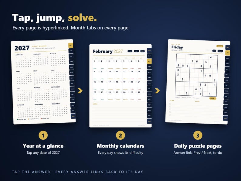 2027 Sudoku Digital Planner | Puzzle a Day | 365 Sudoku Puzzles with Answers | Hyperlinked PDF for GoodNotes, Notability, Kindle Scribe image 2