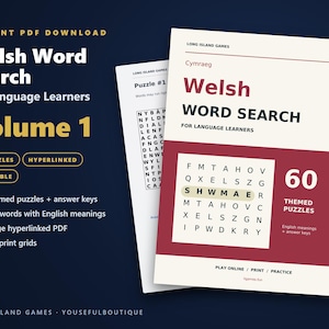 Welsh Word Search for Language Learners, Volume 1 | 60 Printable Puzzles with English Meanings | Hyperlinked PDF