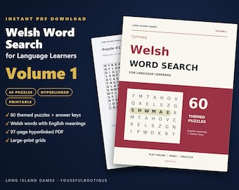 Welsh Word Search for Language Learners, Volume 1 | 60 Printable Puzzles with English Meanings | Hyperlinked PDF