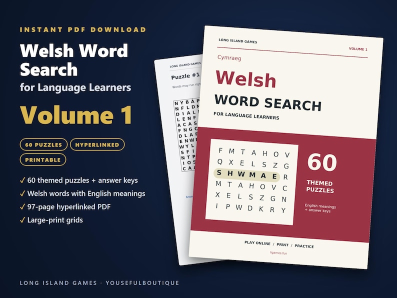 Mots mêlés gallois pour apprenants, volume 1 | 60 grilles à imprimer avec définitions en anglais | PDF avec liens hypertextes image 1