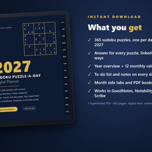 2027 Sudoku Digital Planner | Puzzle a Day | 365 Sudoku Puzzles with Answers | Hyperlinked PDF for GoodNotes, Notability, Kindle Scribe image 4