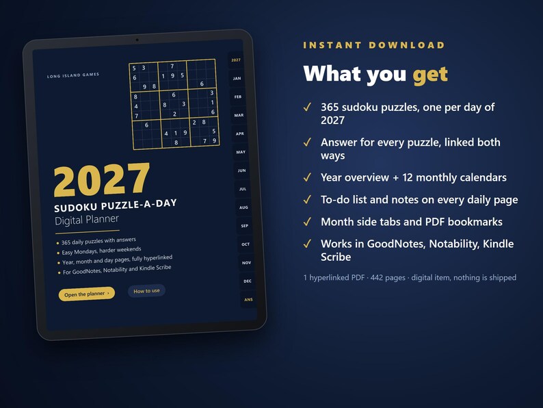 2027 Sudoku Digital Planner | Puzzle a Day | 365 Sudoku Puzzles with Answers | Hyperlinked PDF for GoodNotes, Notability, Kindle Scribe image 4