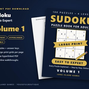 Sudoku - Easy to Expert, Volume 1 | 100 Printable Sudoku Puzzles with Answers | Hyperlinked PDF | Easy to Expert | Instant Download image 1