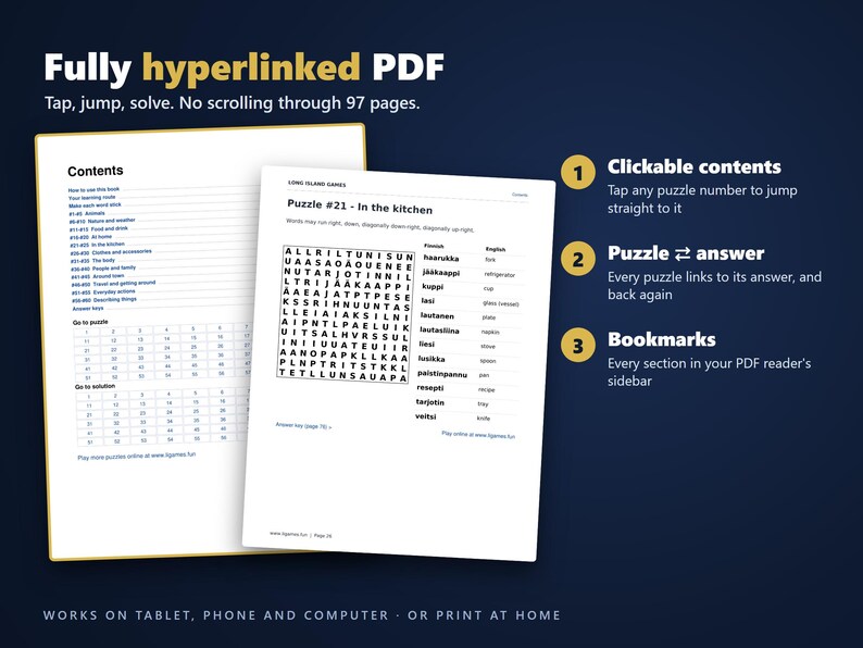 Finnish Word Search for Language Learners, Volume 1 | 60 Printable Puzzles with English Meanings | Hyperlinked PDF image 2
