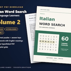 Italian Word Search for Language Learners, Volume 2 | 60 Printable Puzzles with English Meanings | Hyperlinked PDF image 1