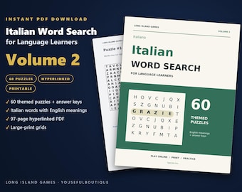 May include: A digital Italian word search book titled Italian Word Search for Language Learners Volume 2. The cover features a green and cream color scheme with a grid showing the word GRAZIE. It includes 60 themed puzzles and answer keys.