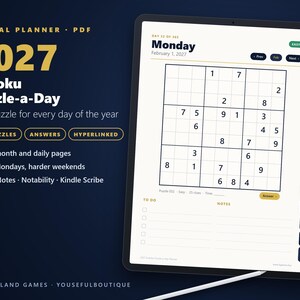 2027 Sudoku Digital Planner | Puzzle a Day | 365 Sudoku Puzzles with Answers | Hyperlinked PDF for GoodNotes, Notability, Kindle Scribe image 1