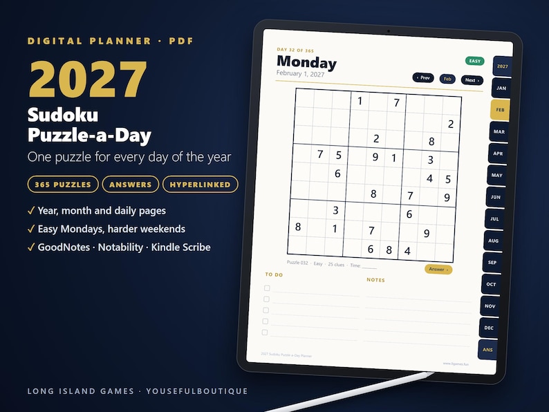 2027 Sudoku Digital Planner | Puzzle a Day | 365 Sudoku Puzzles with Answers | Hyperlinked PDF for GoodNotes, Notability, Kindle Scribe image 1