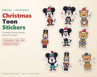 Christmas Digital Stickers | Vintage Cartoon Mouse, Teddy Bear, Nutcracker | GoodNotes Planner Stickers | Printable Sticker Sheets