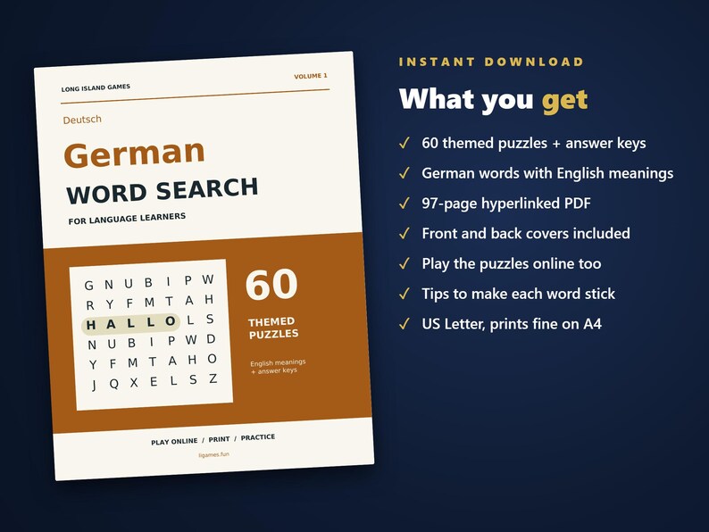 German Word Search for Language Learners, Volume 1 | 60 Printable Puzzles with English Meanings | Hyperlinked PDF image 4