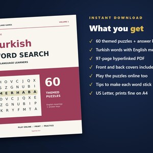 Turkish Word Search for Language Learners, Volume 1 | 60 Printable Puzzles with English Meanings | Hyperlinked PDF image 4
