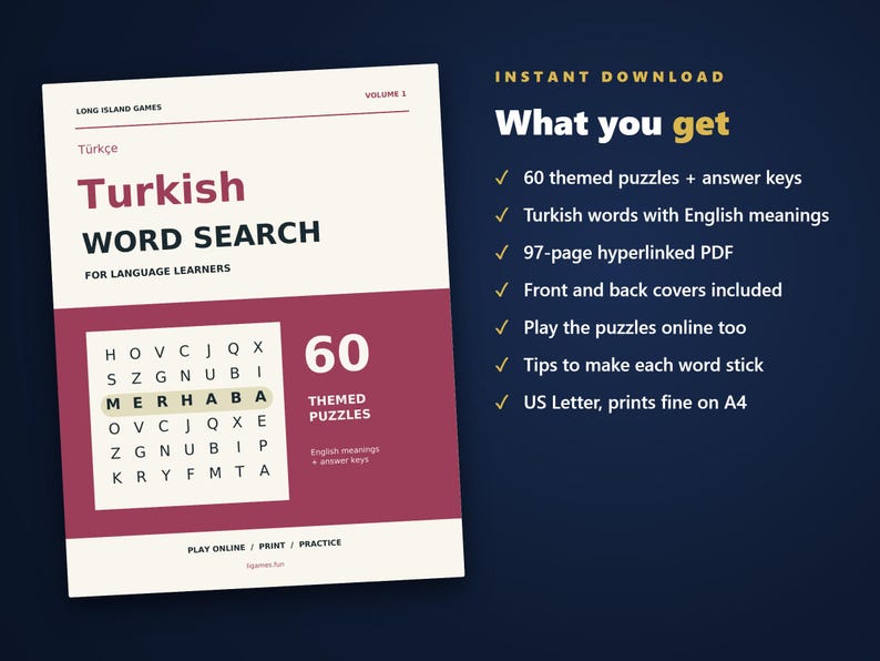 Turkish Word Search for Language Learners, Volume 1 | 60 Printable Puzzles with English Meanings | Hyperlinked PDF image 4
