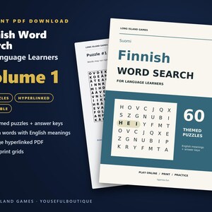 Finnish Word Search for Language Learners, Volume 1 | 60 Printable Puzzles with English Meanings | Hyperlinked PDF image 1