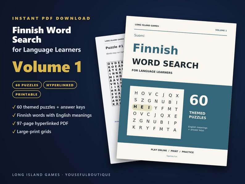 Finnish Word Search for Language Learners, Volume 1 | 60 Printable Puzzles with English Meanings | Hyperlinked PDF image 1