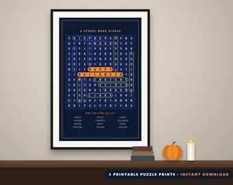 Halloween Wall Art Printable Set of 3 | Word Search, Sudoku and Crossword Puzzle Prints | Spooky Decor | Digital Download