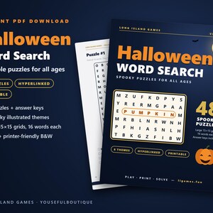 Halloween Word Search | 48 Printable Puzzles with Answers | Color and B&W | Hyperlinked PDF | Party and Classroom Activity