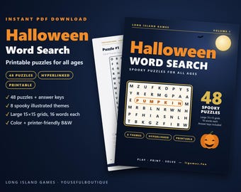 Halloween Word Search | 48 Printable Puzzles with Answers | Color and B&W | Hyperlinked PDF | Party and Classroom Activity