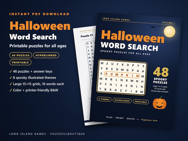 Halloween Word Search | 48 Printable Puzzles with Answers | Color and B&W | Hyperlinked PDF | Party and Classroom Activity image 1