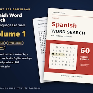 Spanish Word Search for Language Learners, Volume 1 | 60 Printable Puzzles with English Meanings | Hyperlinked PDF