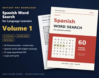 Spanish Word Search for Language Learners, Volume 1 | 60 Printable Puzzles with English Meanings | Hyperlinked PDF