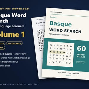 Basque Word Search for Language Learners, Volume 1 | 60 Printable Puzzles with English Meanings | Hyperlinked PDF