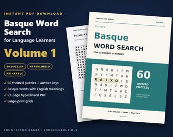 Basque Word Search for Language Learners, Volume 1 | 60 Printable Puzzles with English Meanings | Hyperlinked PDF