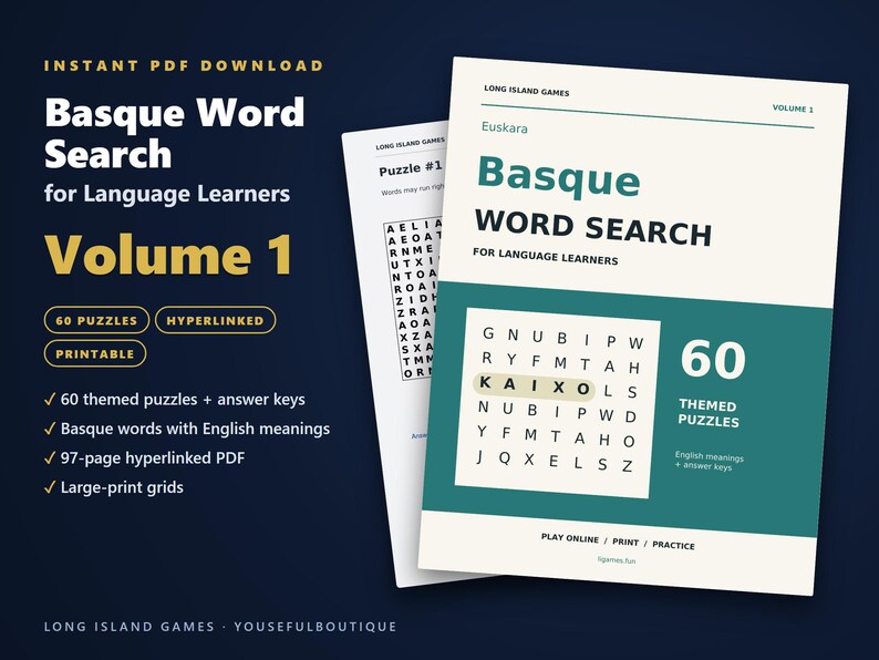 Basque Word Search for Language Learners, Volume 1 | 60 Printable Puzzles with English Meanings | Hyperlinked PDF image 1