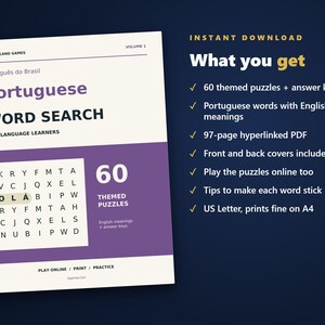 Portuguese Word Search for Language Learners, Volume 1 | 60 Printable Puzzles with English Meanings | Hyperlinked PDF image 4