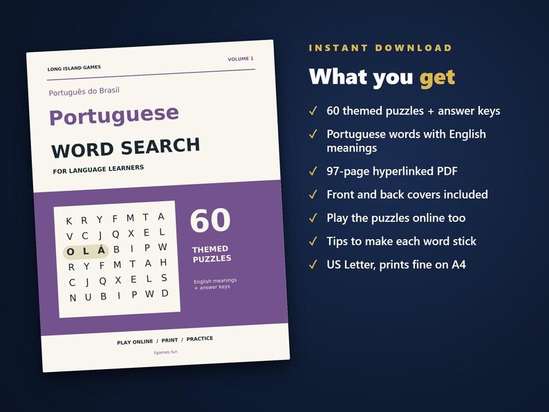 Portuguese Word Search for Language Learners, Volume 1 | 60 Printable Puzzles with English Meanings | Hyperlinked PDF image 4