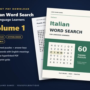 Italian Word Search for Language Learners, Volume 1 | 60 Printable Puzzles with English Meanings | Hyperlinked PDF