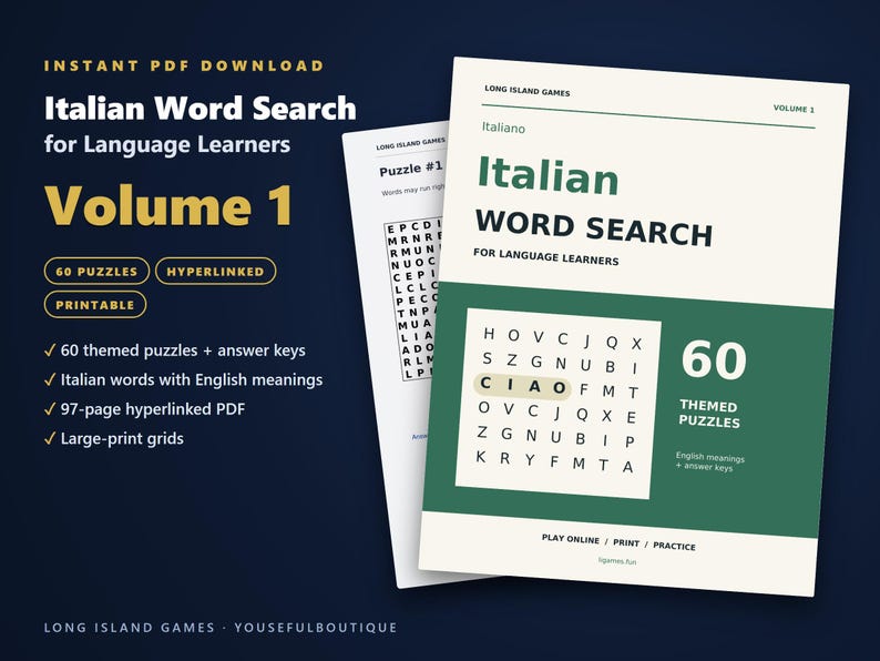 Italian Word Search for Language Learners, Volume 1 | 60 Printable Puzzles with English Meanings | Hyperlinked PDF image 1