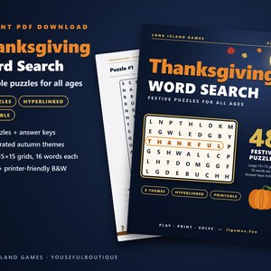 Thanksgiving Word Search | 48 Printable Puzzles with Answers | Color and B&W | Hyperlinked PDF | Family and Classroom Activity