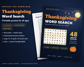 Thanksgiving Word Search | 48 Printable Puzzles with Answers | Color and B&W | Hyperlinked PDF | Family and Classroom Activity