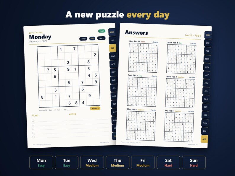 2027 Sudoku Digital Planner | Puzzle a Day | 365 Sudoku Puzzles with Answers | Hyperlinked PDF for GoodNotes, Notability, Kindle Scribe image 3