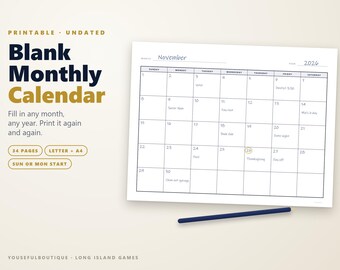 Printable Blank Monthly Calendar | Undated Monthly Planner PDF | Sunday and Monday Start | US Letter & A4 | Notes Page