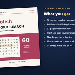 Polish Word Search for Language Learners, Volume 1 | 60 Printable Puzzles with English Meanings | Hyperlinked PDF image 4