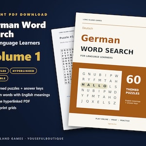 German Word Search for Language Learners, Volume 1 | 60 Printable Puzzles with English Meanings | Hyperlinked PDF image 1