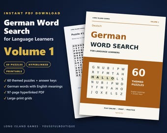 German Word Search for Language Learners, Volume 1 | 60 Printable Puzzles with English Meanings | Hyperlinked PDF