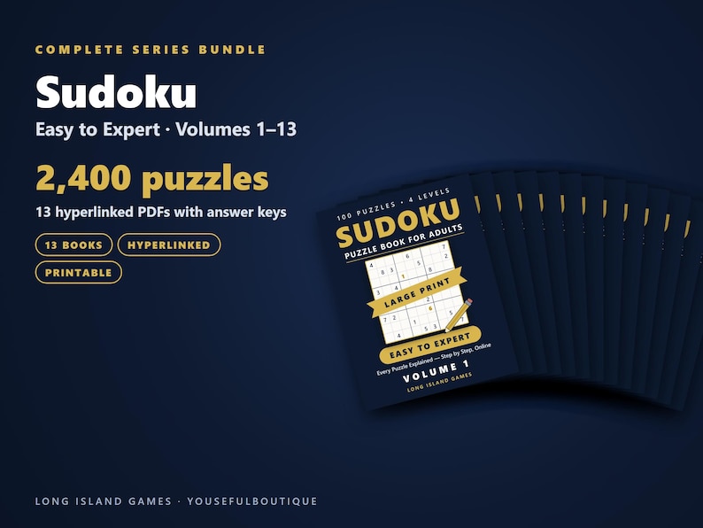 Sudoku - Easy to Expert, Volumes 1-13 Bundle | 2,400 Printable Sudoku Puzzles with Answers | Hyperlinked PDFs | Instant Download image 1