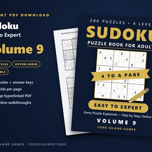 Sudoku - Easy to Expert, Volume 9 | 200 Printable Sudoku Puzzles with Answers | Hyperlinked PDF | Easy to Expert | Instant Download image 1