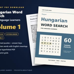 Hungarian Word Search for Language Learners, Volume 1 | 60 Printable Puzzles with English Meanings | Hyperlinked PDF