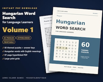 Hungarian Word Search for Language Learners, Volume 1 | 60 Printable Puzzles with English Meanings | Hyperlinked PDF