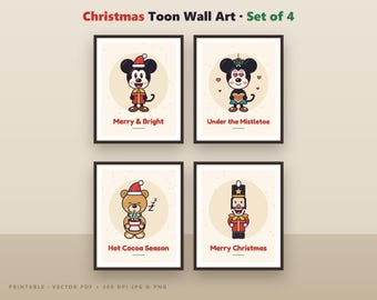 Christmas Nursery Wall Art Set of 4 | Vintage Cartoon Mouse, Teddy Bear, Nutcracker Prints | Printable Holiday Decor, Kids Room