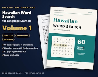 May include: A digital Hawaiian Word Search for Language Learners Volume 1 PDF featuring 60 themed puzzles, answer keys, and large-print grids. The cover displays the title, a sample puzzle grid with the word ALOHA highlighted, and play online options.