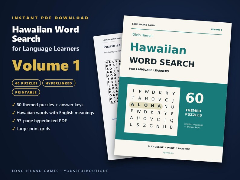 Hawaiian Word Search for Language Learners, Volume 1 | 60 Printable Puzzles with English Meanings | Hyperlinked PDF image 1