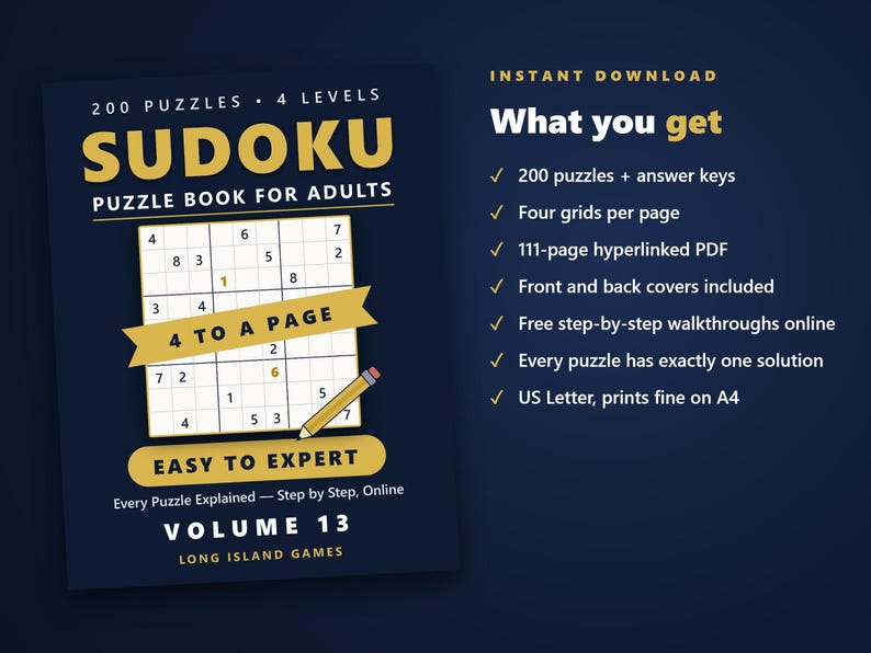 Sudoku - Easy to Expert, Volume 13 | 200 Printable Sudoku Puzzles with Answers | Hyperlinked PDF | Easy to Expert | Instant Download image 4
